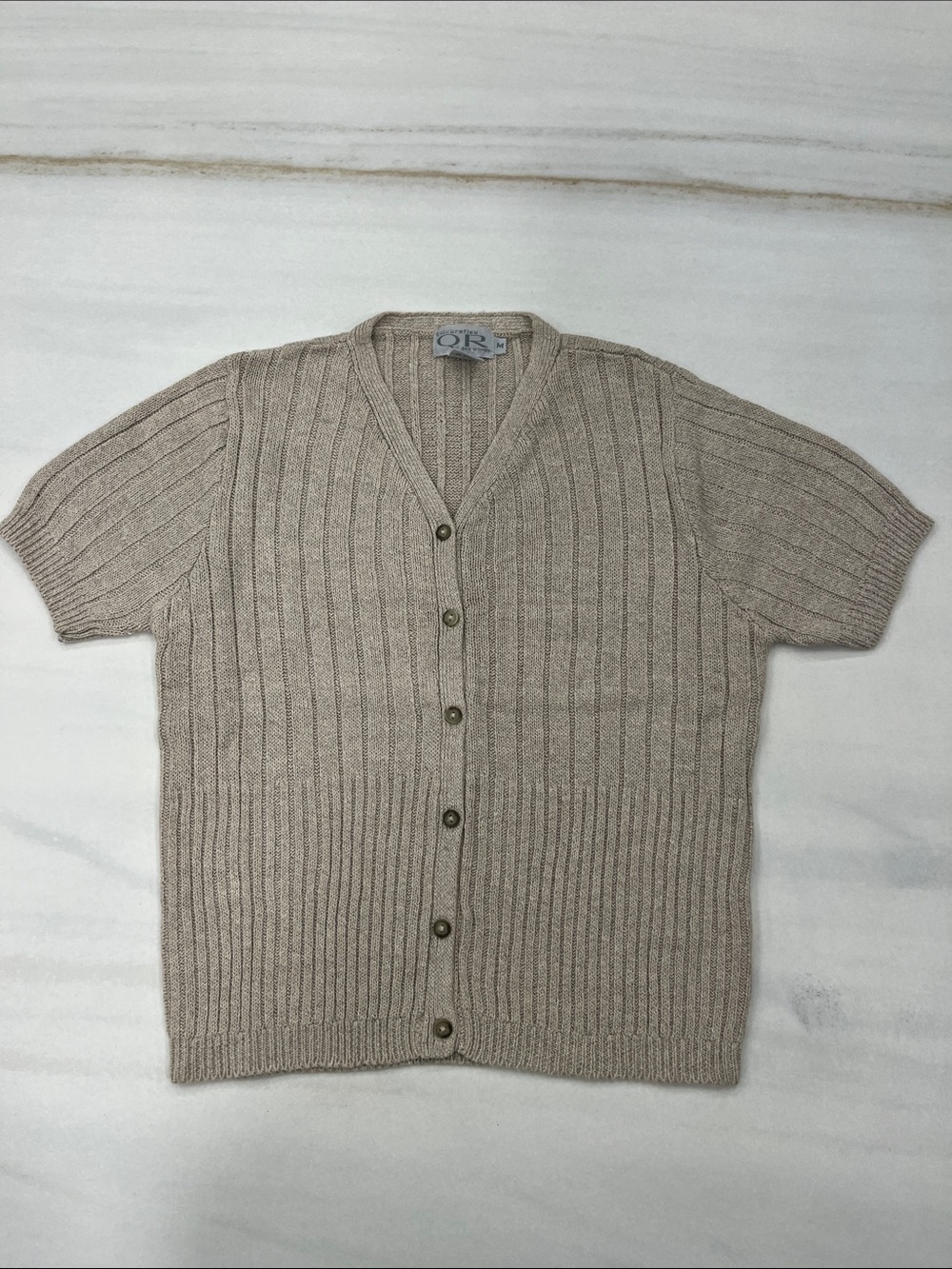 Reflex Neutral Taupe Ribbed Short Sleeve Button-Up Cardigan